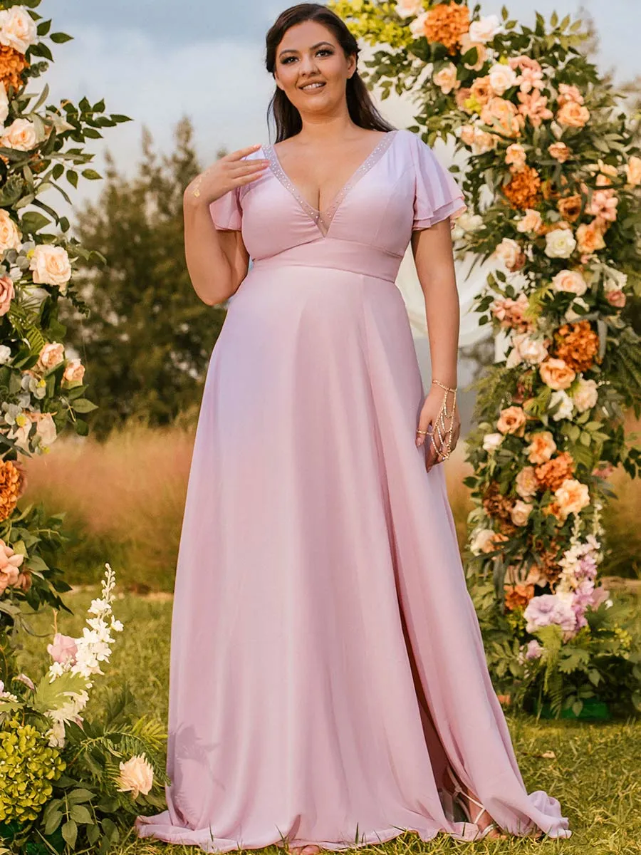 2025 Plus Size Pink Bridesmaid Dresses V Neck Flutter Sleeves