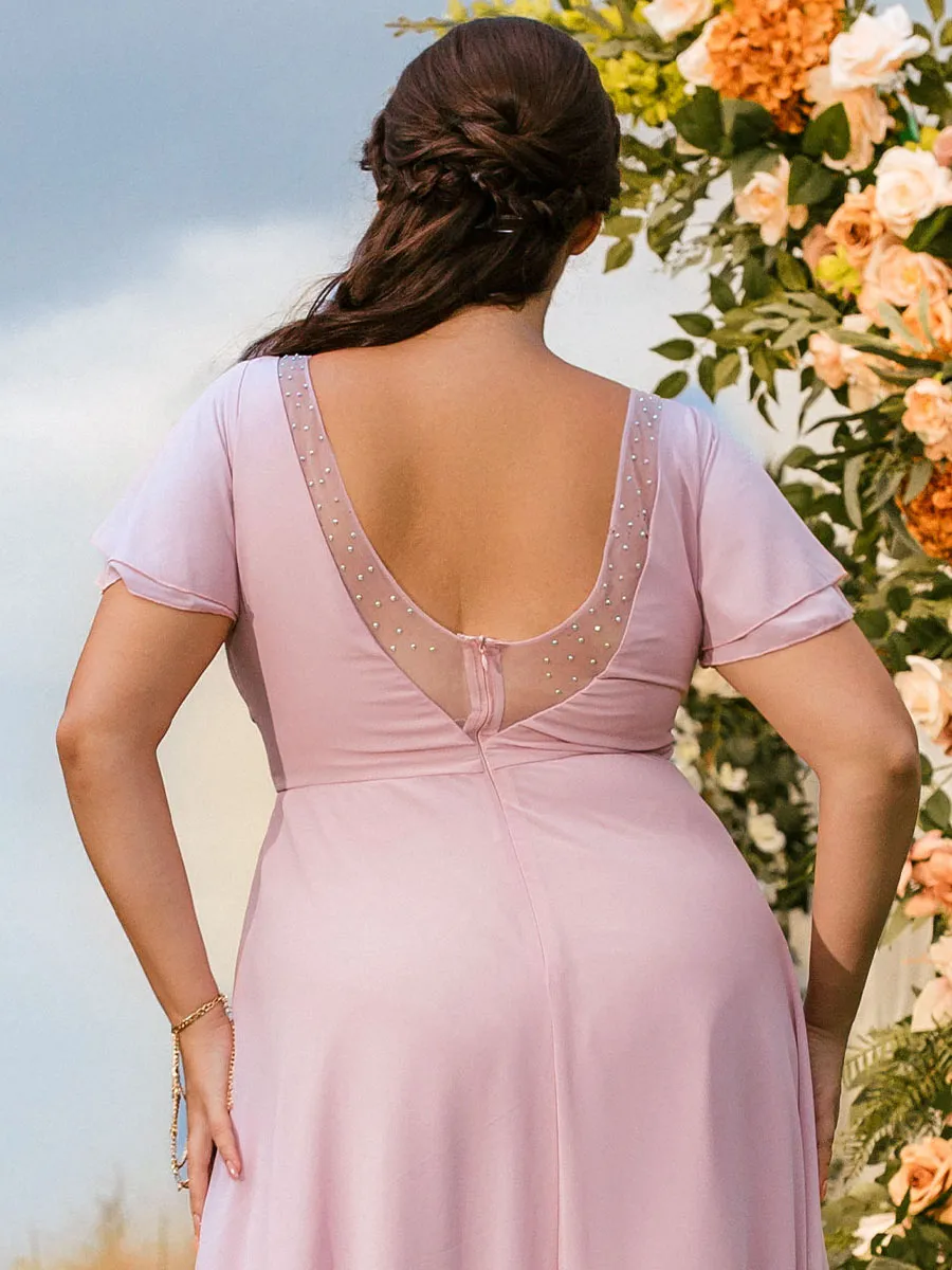2025 Plus Size Pink Bridesmaid Dresses V Neck Flutter Sleeves
