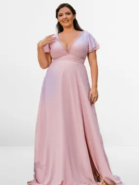 2025 Plus Size Pink Bridesmaid Dresses V Neck Flutter Sleeves