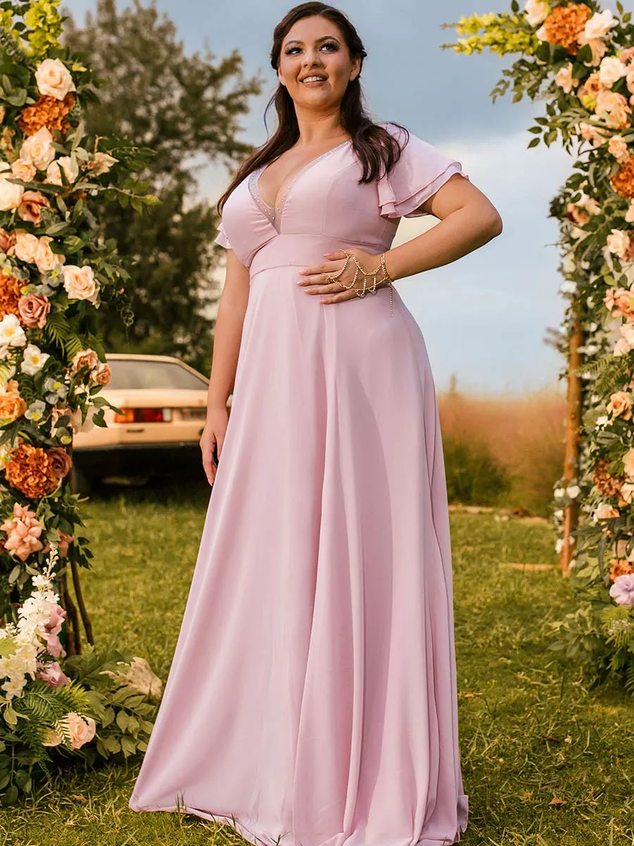 2025 Plus Size Pink Bridesmaid Dresses V Neck Flutter Sleeves