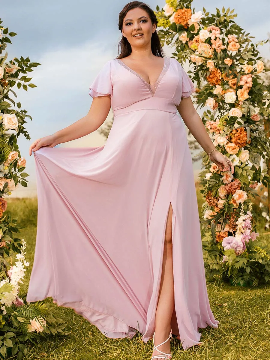 2025 Plus Size Pink Bridesmaid Dresses V Neck Flutter Sleeves