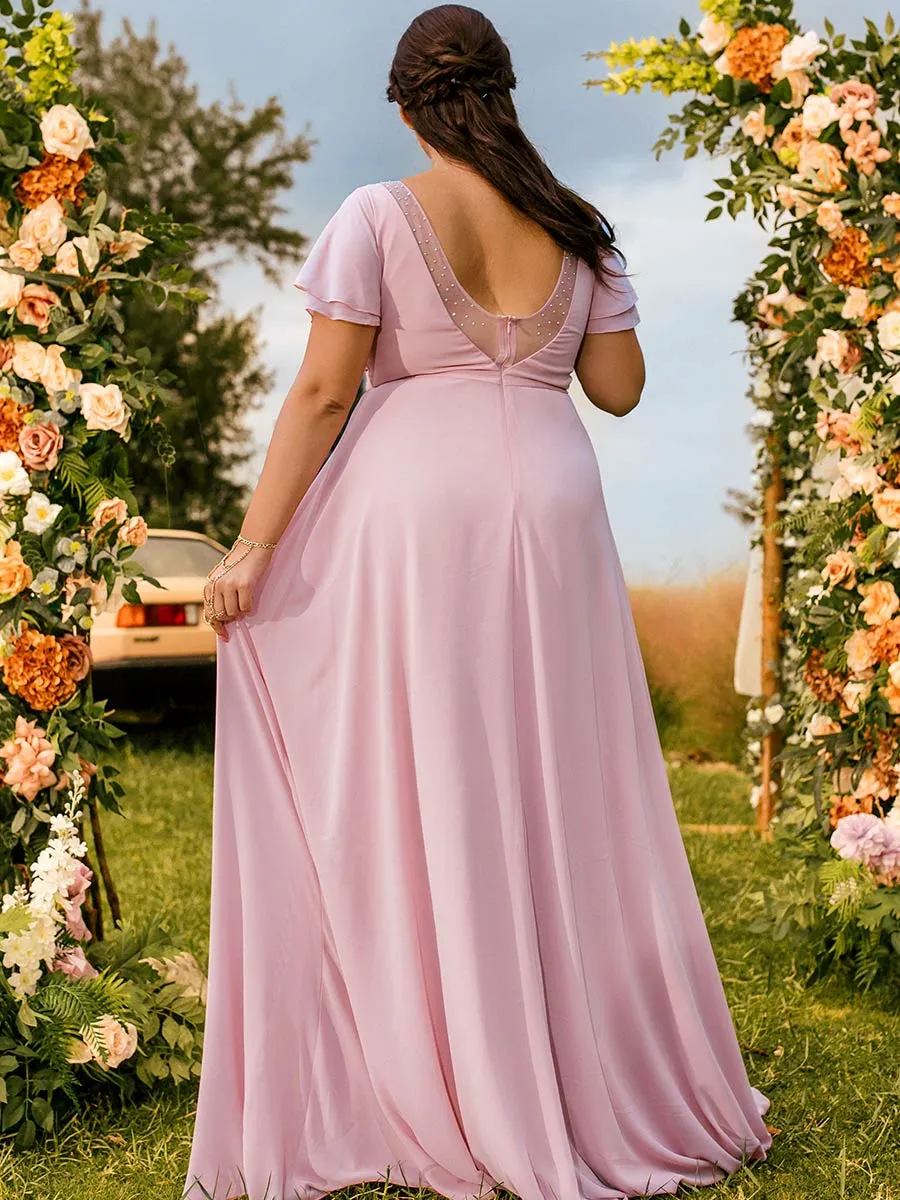 2025 Plus Size Pink Bridesmaid Dresses V Neck Flutter Sleeves