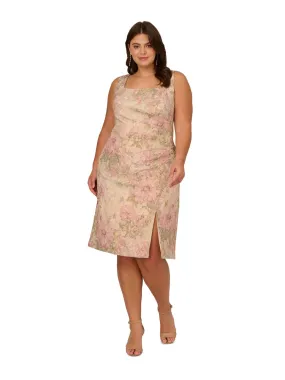 ADRIANNA PAPELL Womens Beige Metallic Zippered Slitted Lined Textured Pleated Floral Sleeveless Square Neck Knee Length Sheath Dress