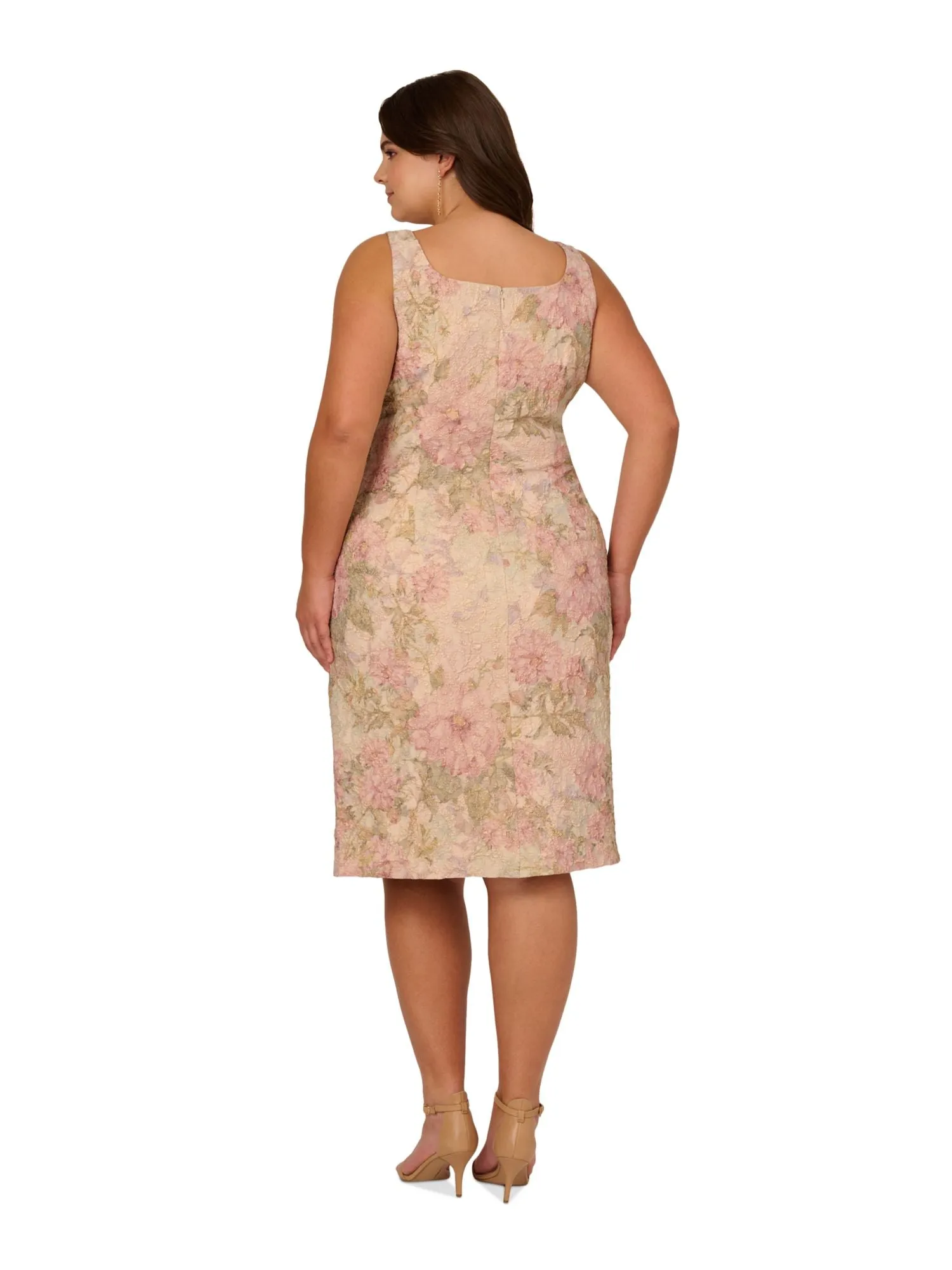 ADRIANNA PAPELL Womens Beige Metallic Zippered Slitted Lined Textured Pleated Floral Sleeveless Square Neck Knee Length Sheath Dress