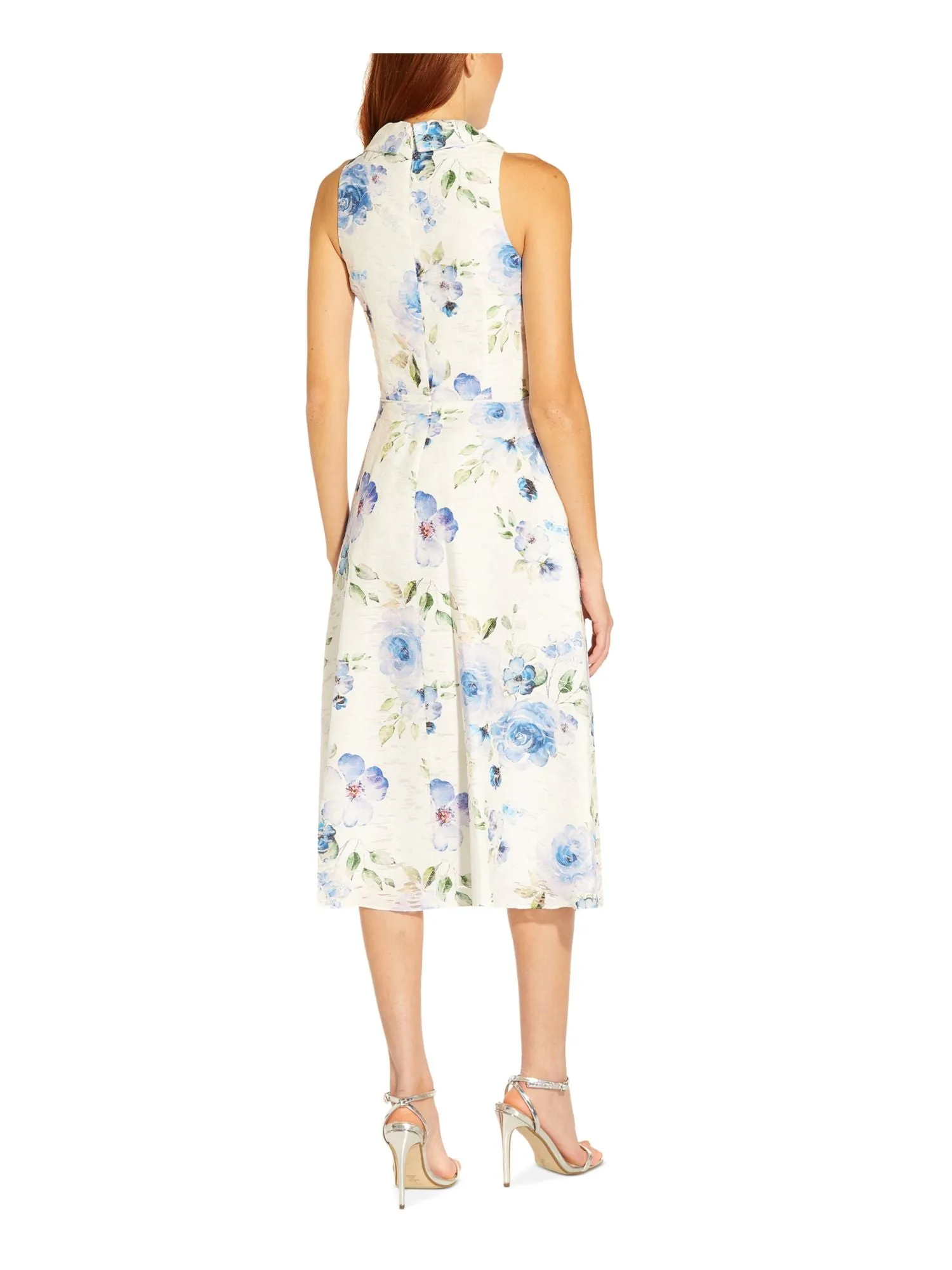 ADRIANNA PAPELL Womens Ivory Zippered Lined Floral Sleeveless V Neck Midi Wear To Work Fit   Flare Dress