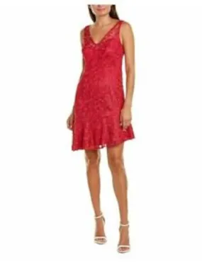ADRIANNA PAPELL Womens Lace Sleeveless V Neck Short Evening Fit   Flare Dress