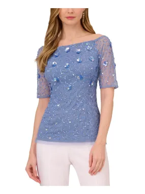 ADRIANNA PAPELL Womens Light Blue Embellished Zippered Lined Short Sleeve Off Shoulder Wear To Work Top