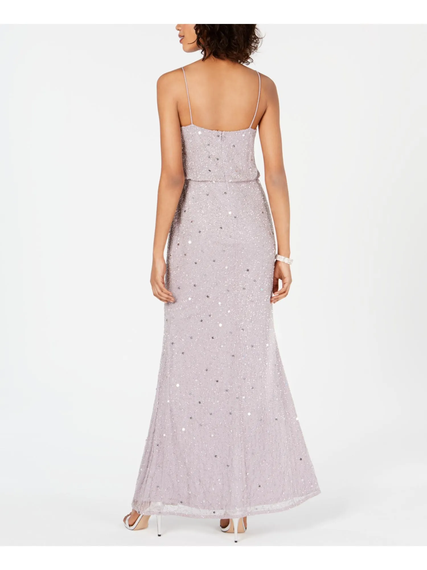 ADRIANNA PAPELL Womens Purple Beaded Slitted Zippered Spaghetti Strap V Neck Maxi Formal Blouson Dress