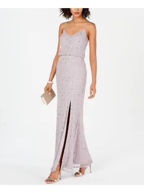 ADRIANNA PAPELL Womens Purple Beaded Slitted Zippered Spaghetti Strap V Neck Maxi Formal Blouson Dress