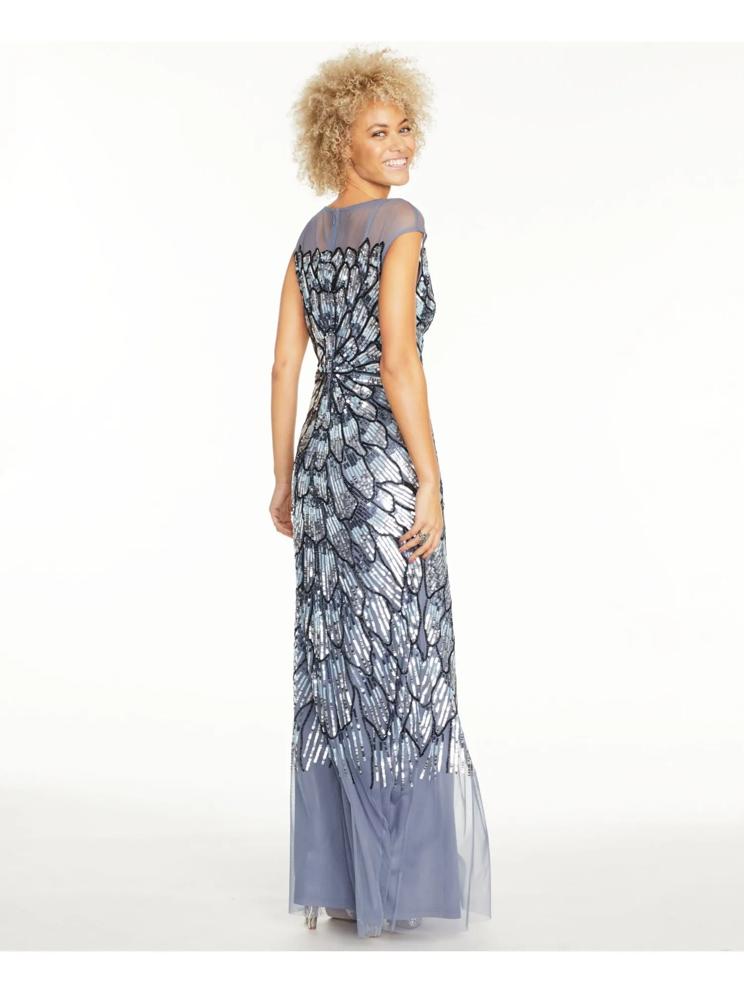 ADRIANNA PAPELL Womens Sequined Cap Sleeve Illusion Neckline Full-Length Evening Mermaid Dress