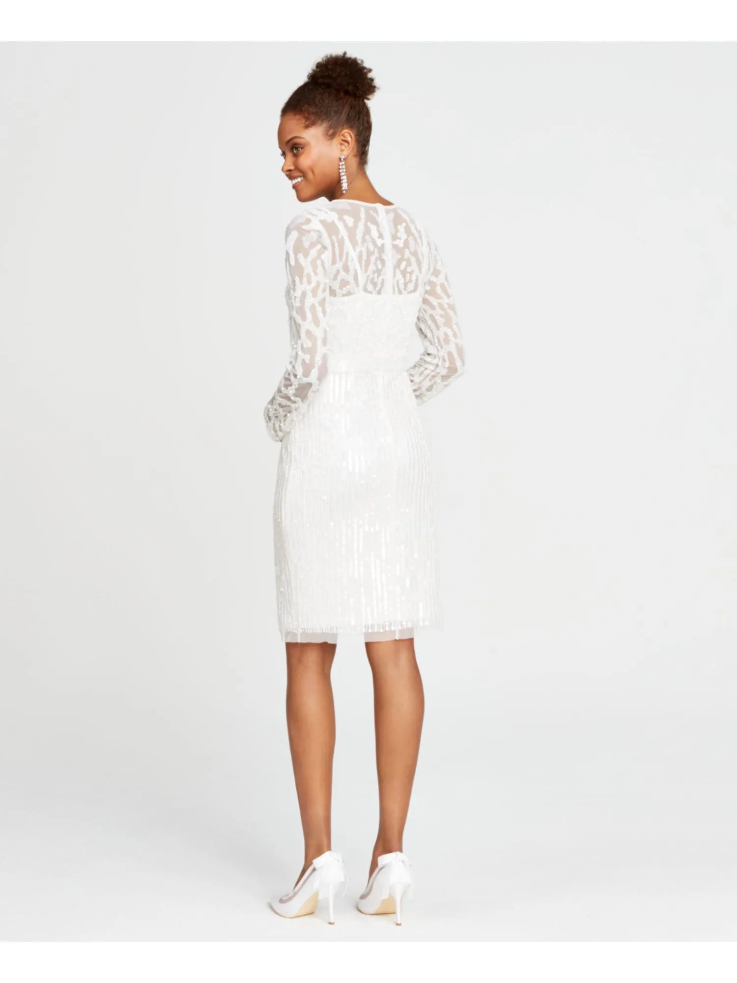 ADRIANNA PAPELL Womens White Beaded Sequined Zippered Printed Long Sleeve Illusion Neckline Above The Knee Formal Sheath Dress