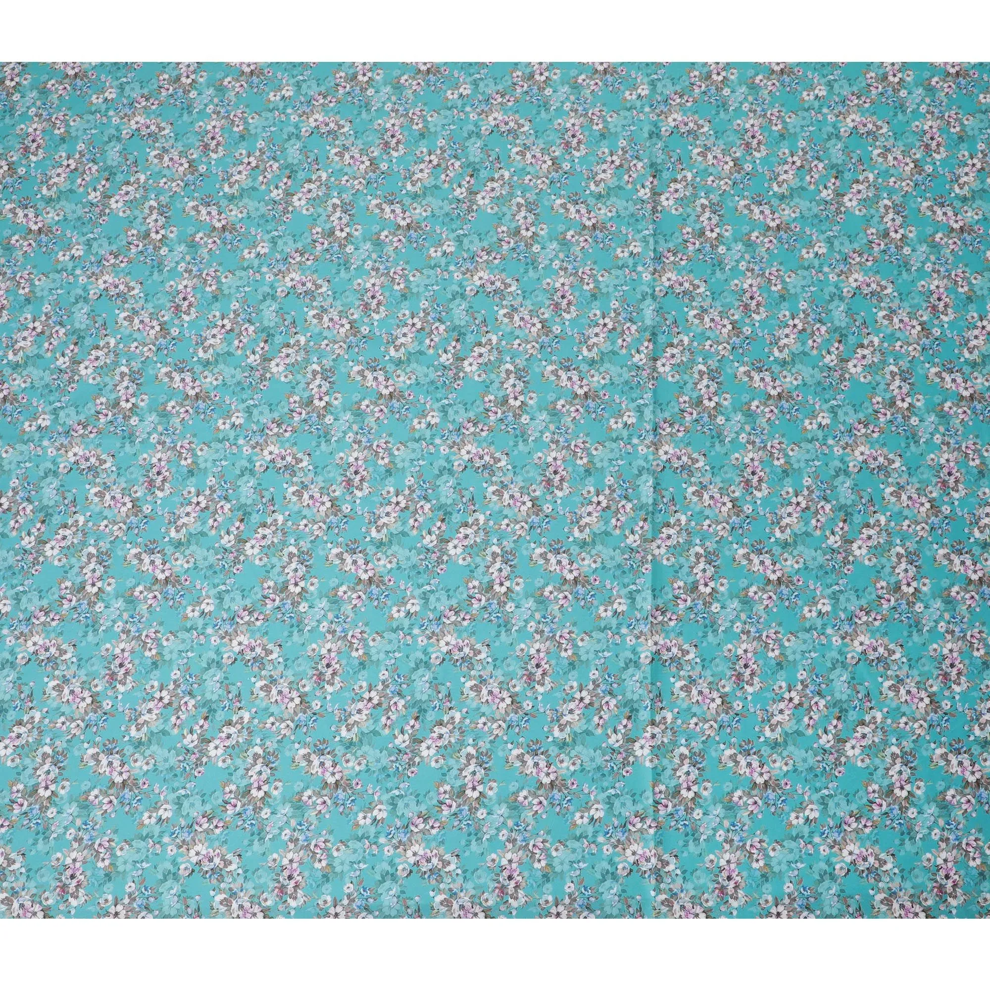 Aqua Blossom Cotton Lawn Fabric - Vibrant Floral Print, 110cm Wide, Buy Online-D18002