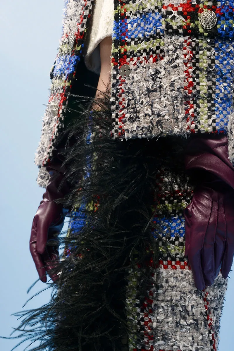 BEIGE AND BLUE CHECKED WOOL AND FEATHER SKIRT