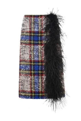 BEIGE AND BLUE CHECKED WOOL AND FEATHER SKIRT