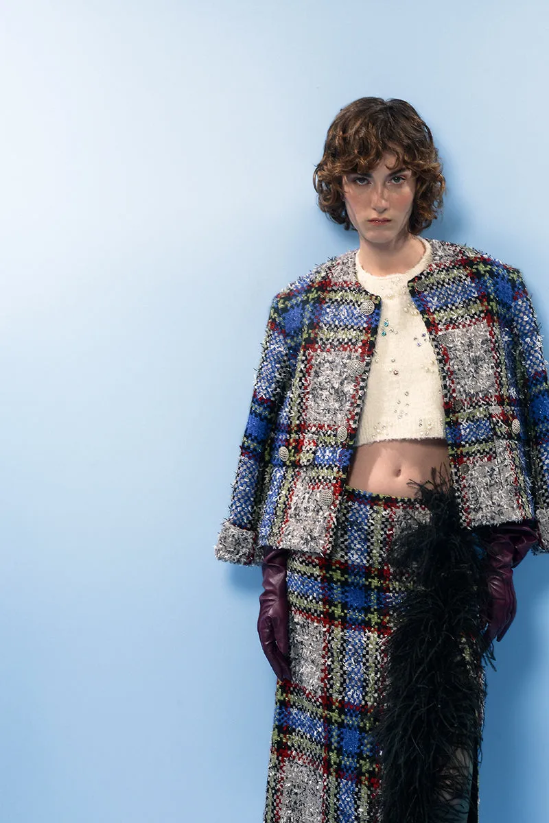 BEIGE AND BLUE CHECKED WOOL AND FEATHER SKIRT