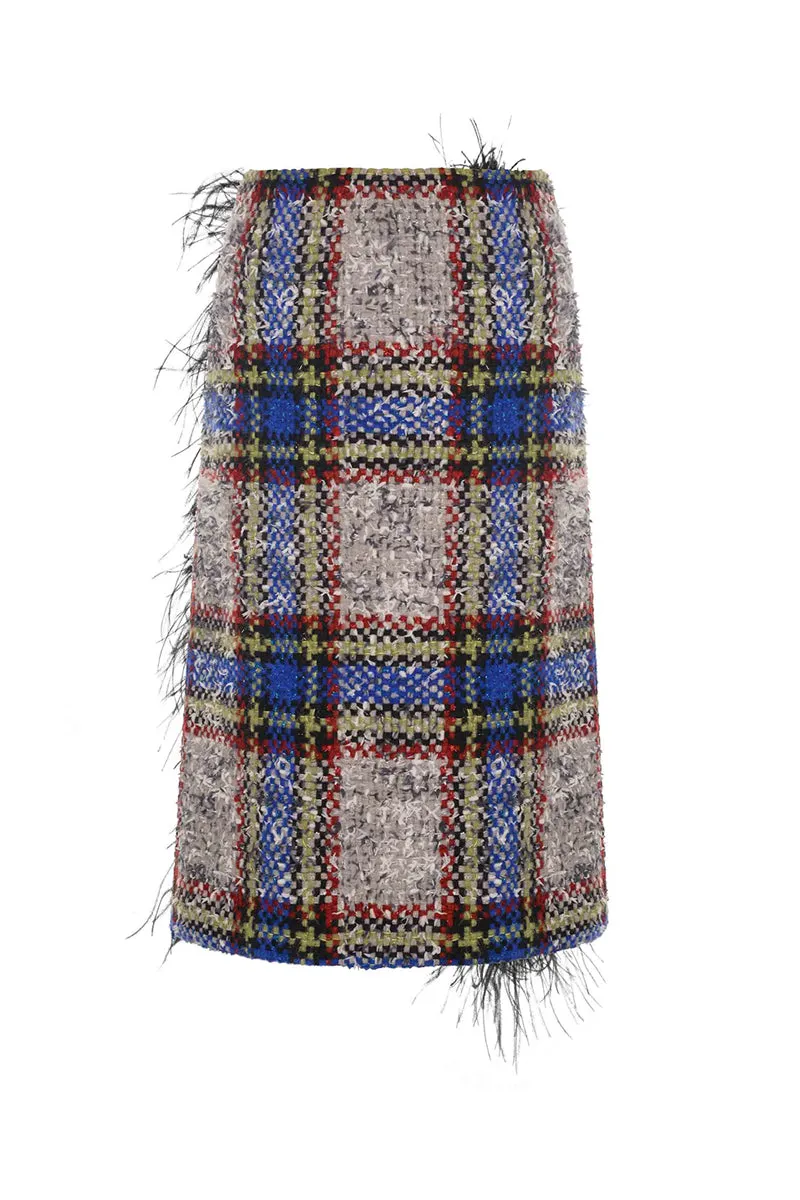 BEIGE AND BLUE CHECKED WOOL AND FEATHER SKIRT