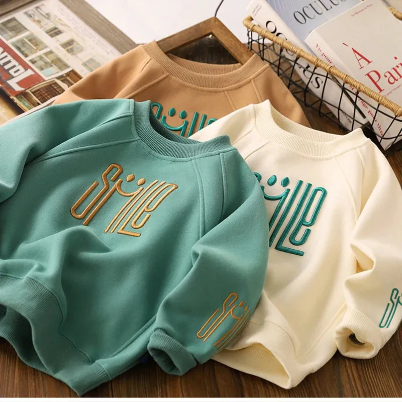 Big Size Spring Fall Boys Shirt Fashion Letter Smile Full Sleeve Teenager Boys Sweatshirt 3-12 Years Children Top