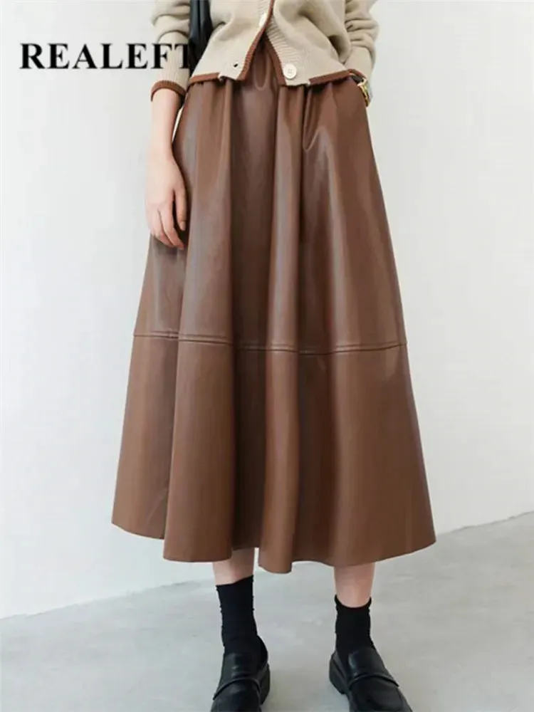 Black PU Leather Women's Long Skirts Pockets