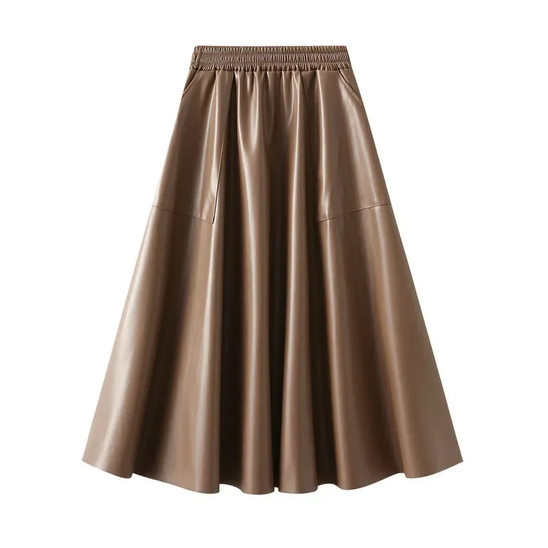 Black PU Leather Women's Long Skirts Pockets
