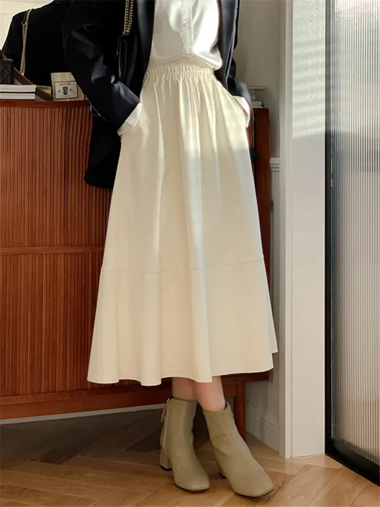 Black PU Leather Women's Long Skirts Pockets