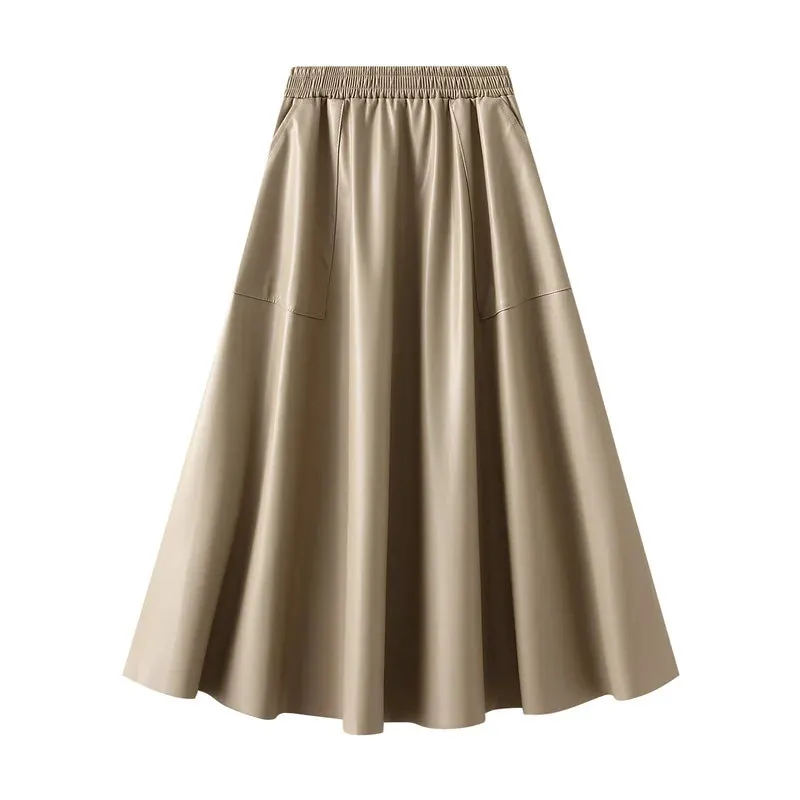 Black PU Leather Women's Long Skirts Pockets