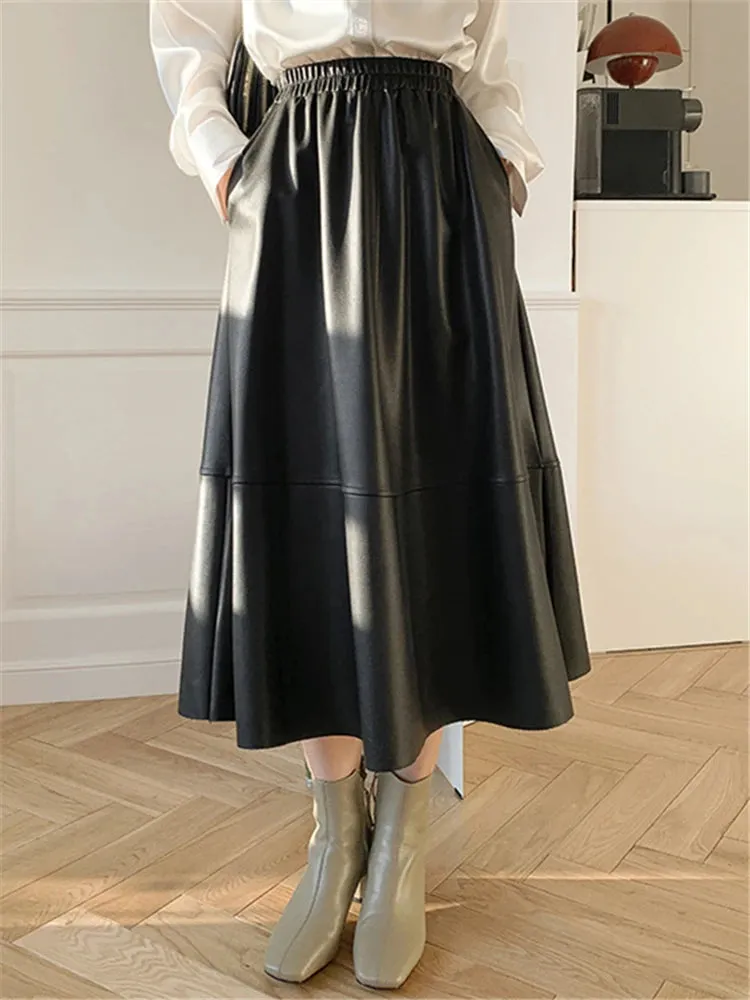 Black PU Leather Women's Long Skirts Pockets