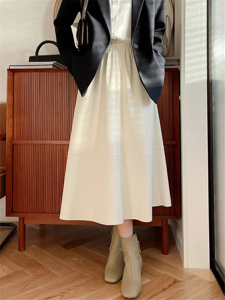 Black PU Leather Women's Long Skirts Pockets