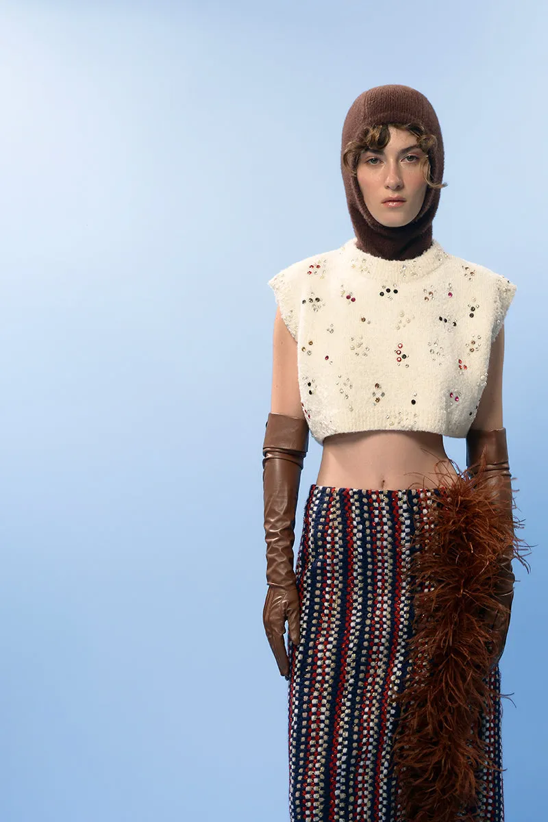 BROWN CHECKED WOOL AND FEATHER SKIRT