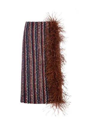 BROWN CHECKED WOOL AND FEATHER SKIRT