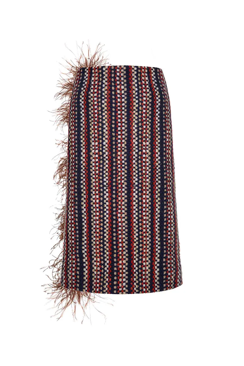 BROWN CHECKED WOOL AND FEATHER SKIRT