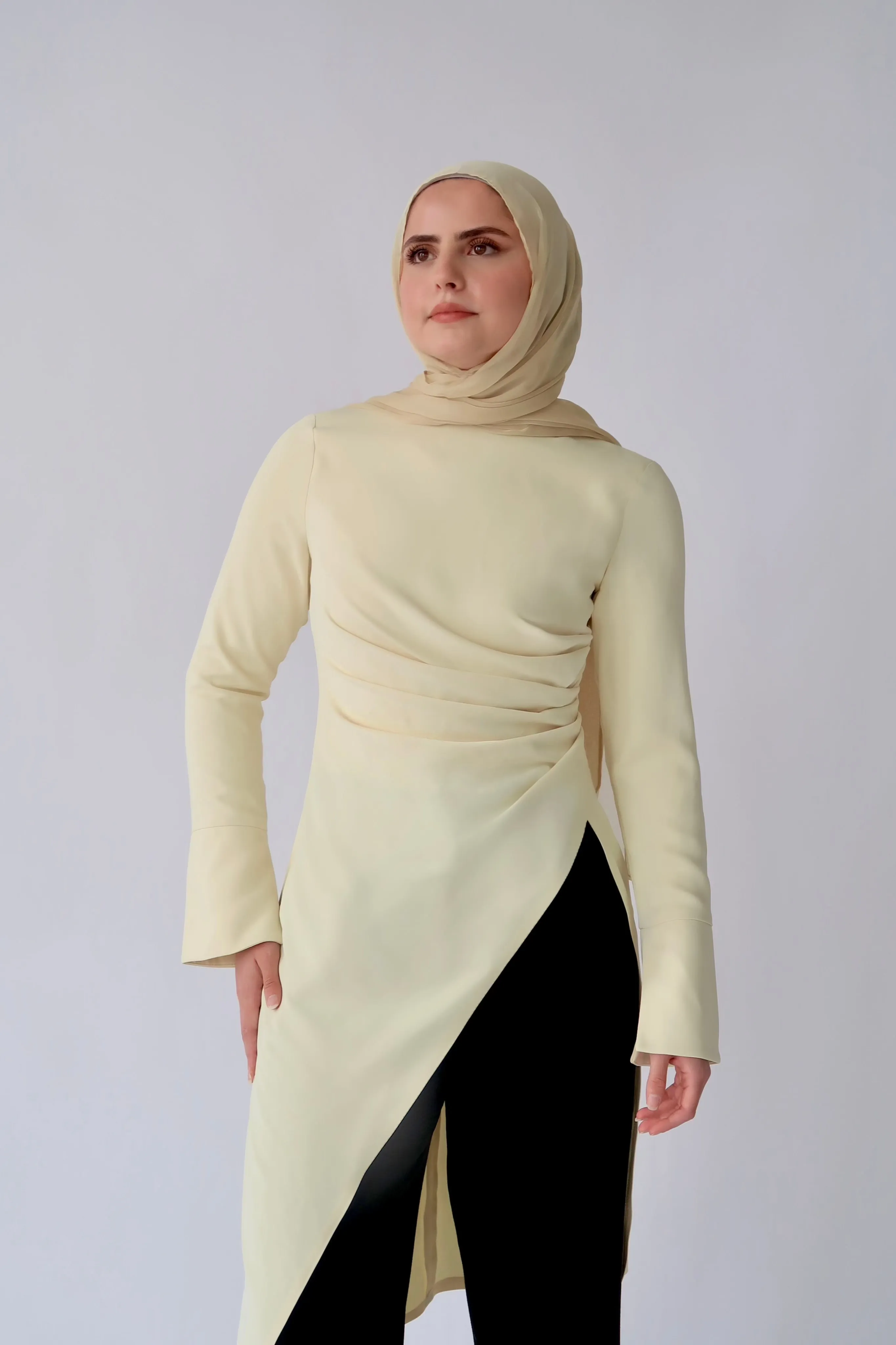 Butter Yellow Asymmetric Slit Tunic