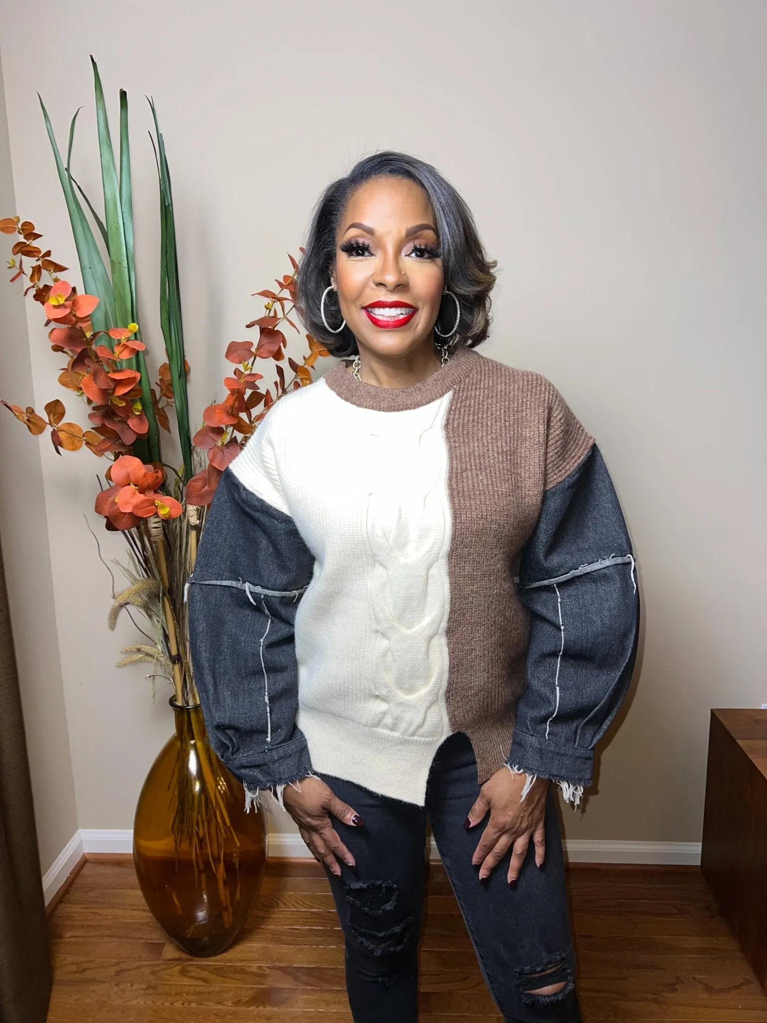 Color Block Denim Sleeve Sweater