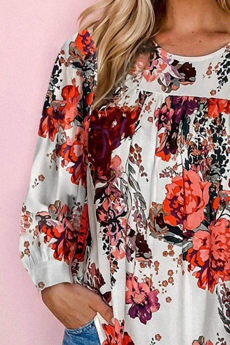 Crimson Bloom Floral Blouse Long Sleeve