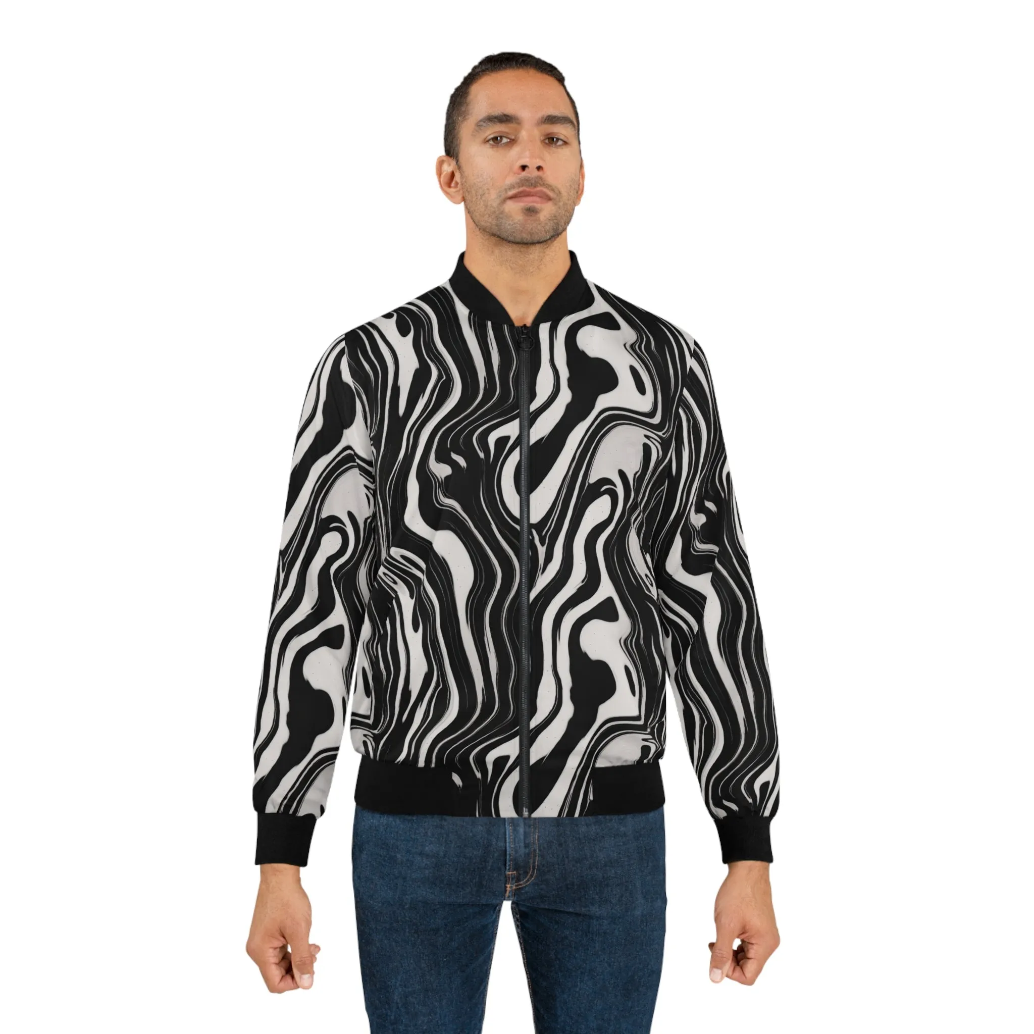 Distorted Black and White Ink Pattern Lightweight Bomber Jacket