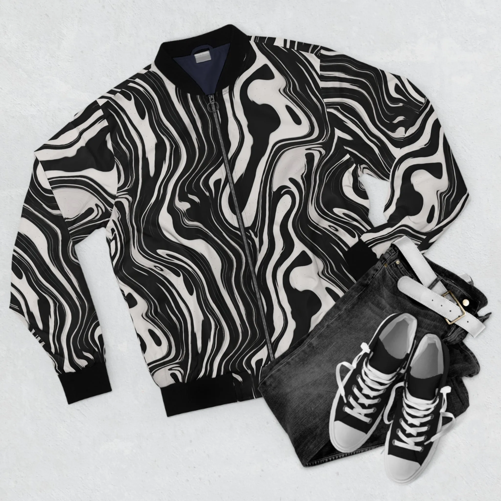 Distorted Black and White Ink Pattern Lightweight Bomber Jacket