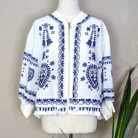 Folk inspired print viscose linen mix bomber style jacket
