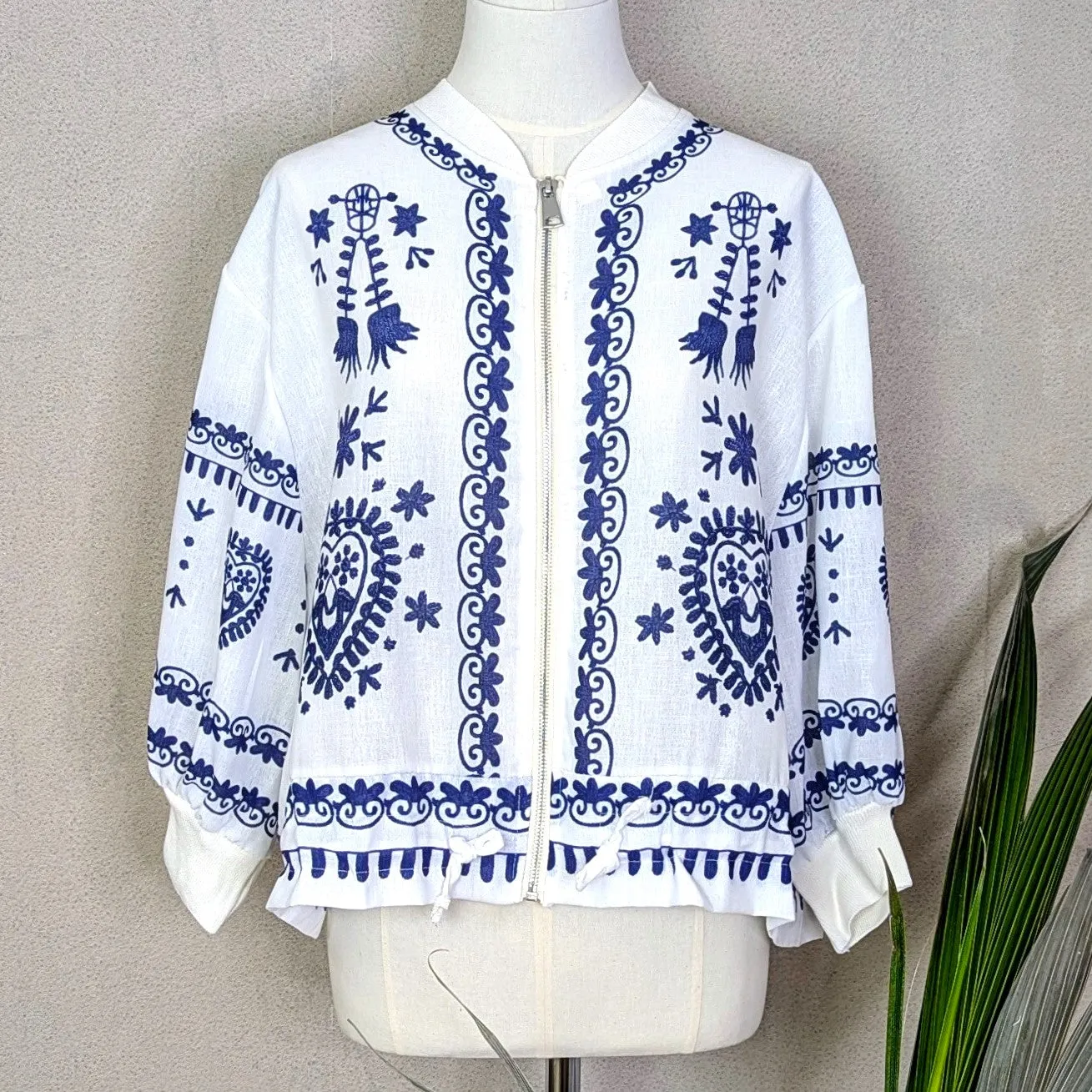 Folk inspired print viscose linen mix bomber style jacket