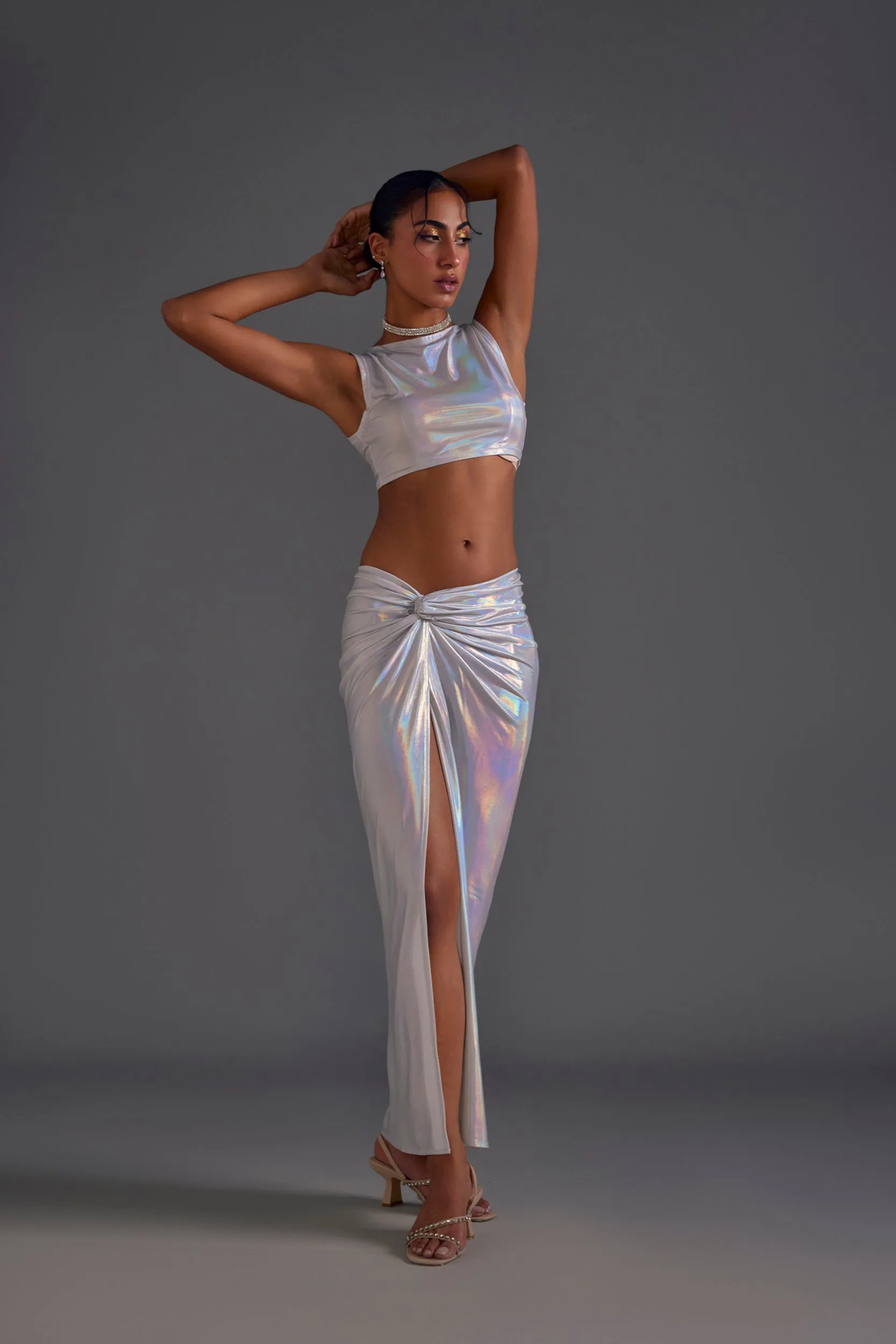 Light Silver Front Knotted Slit Skirt