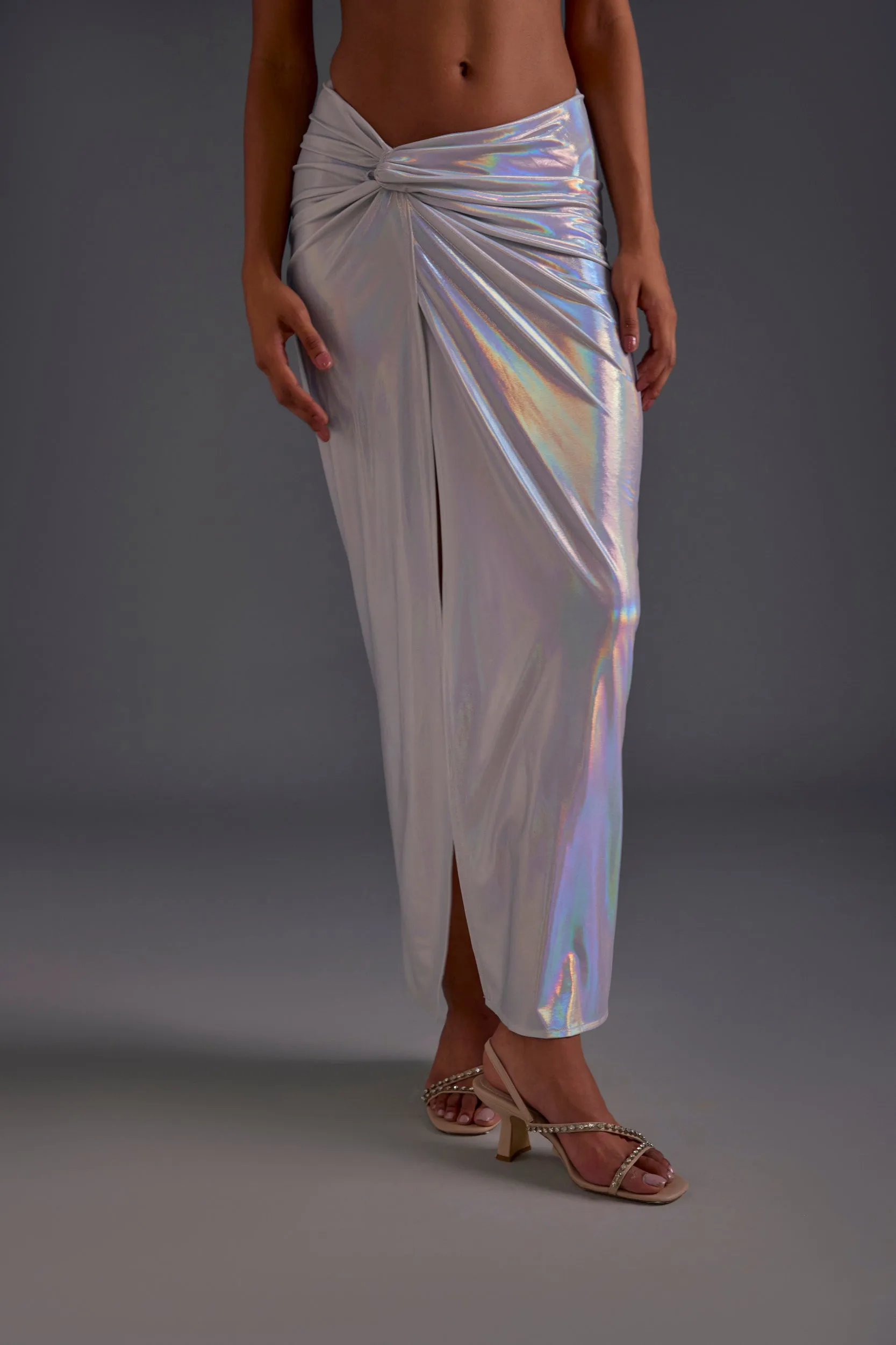 Light Silver Front Knotted Slit Skirt