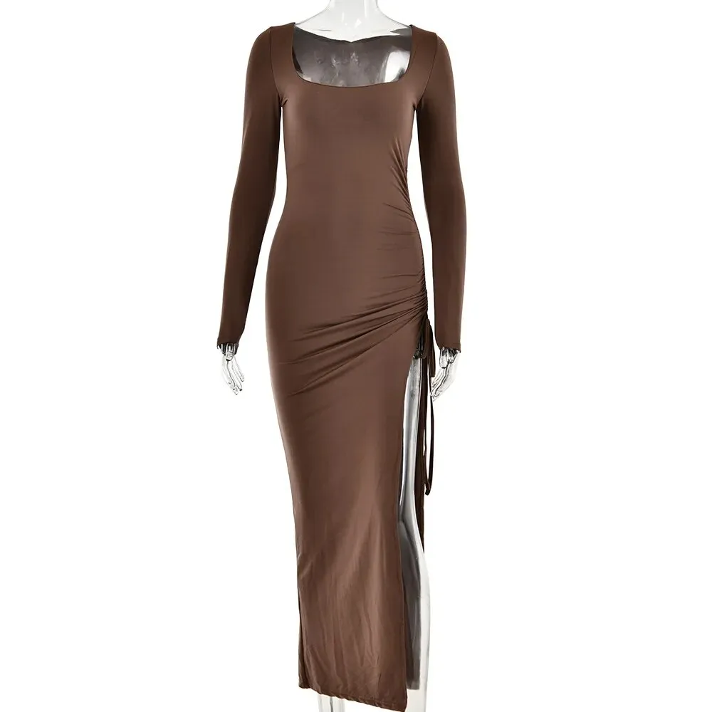 Long Sleeve Ruched High Split Maxi Dress Women Square Collar Drawstring Bodycon Sexy Party Long Dress Elegant Autumn