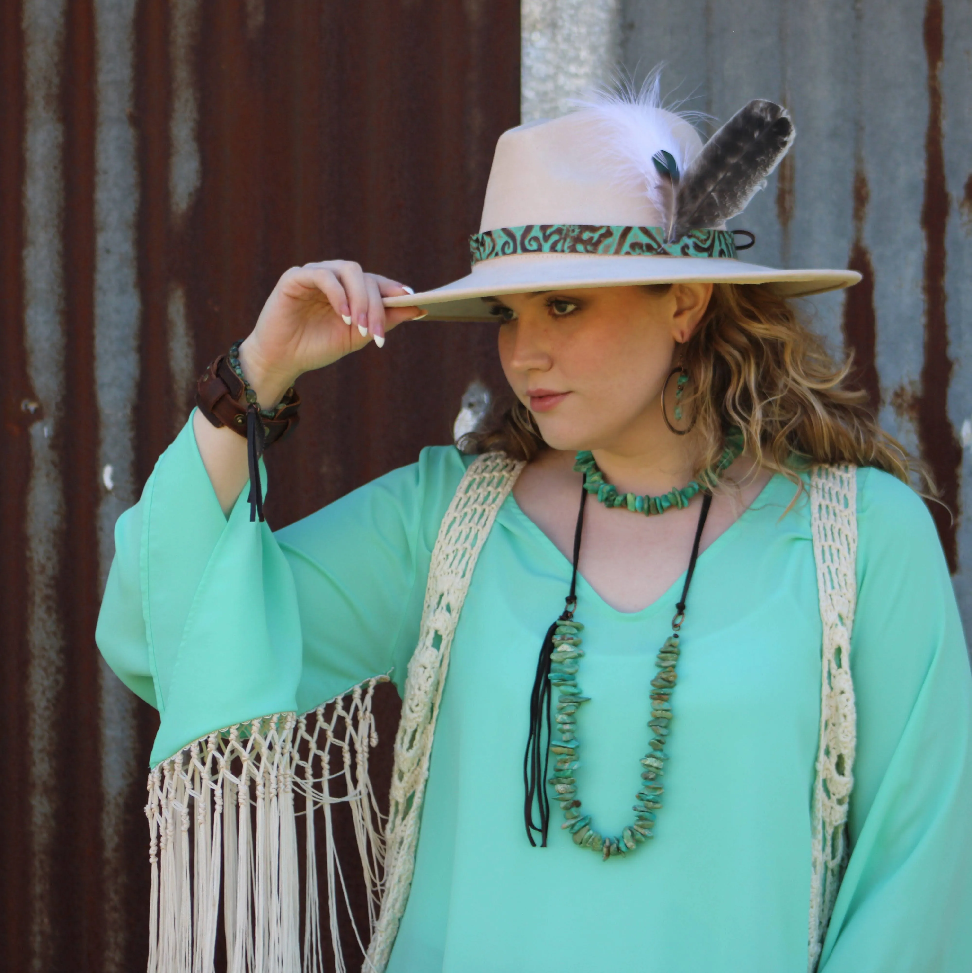 Natural Turquoise Necklace with Side-Tie Leather Tassel 245c