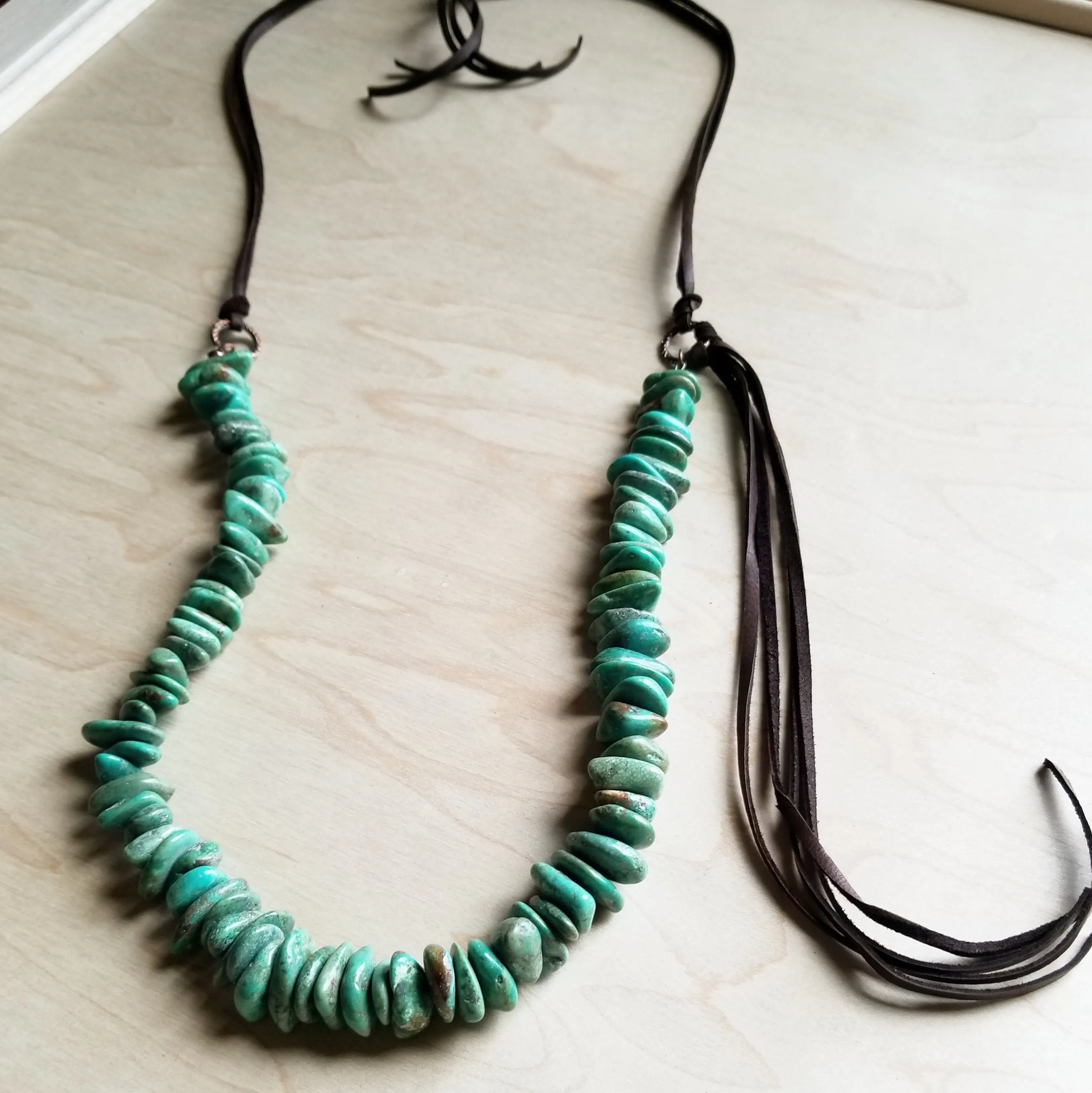 Natural Turquoise Necklace with Side-Tie Leather Tassel 245c