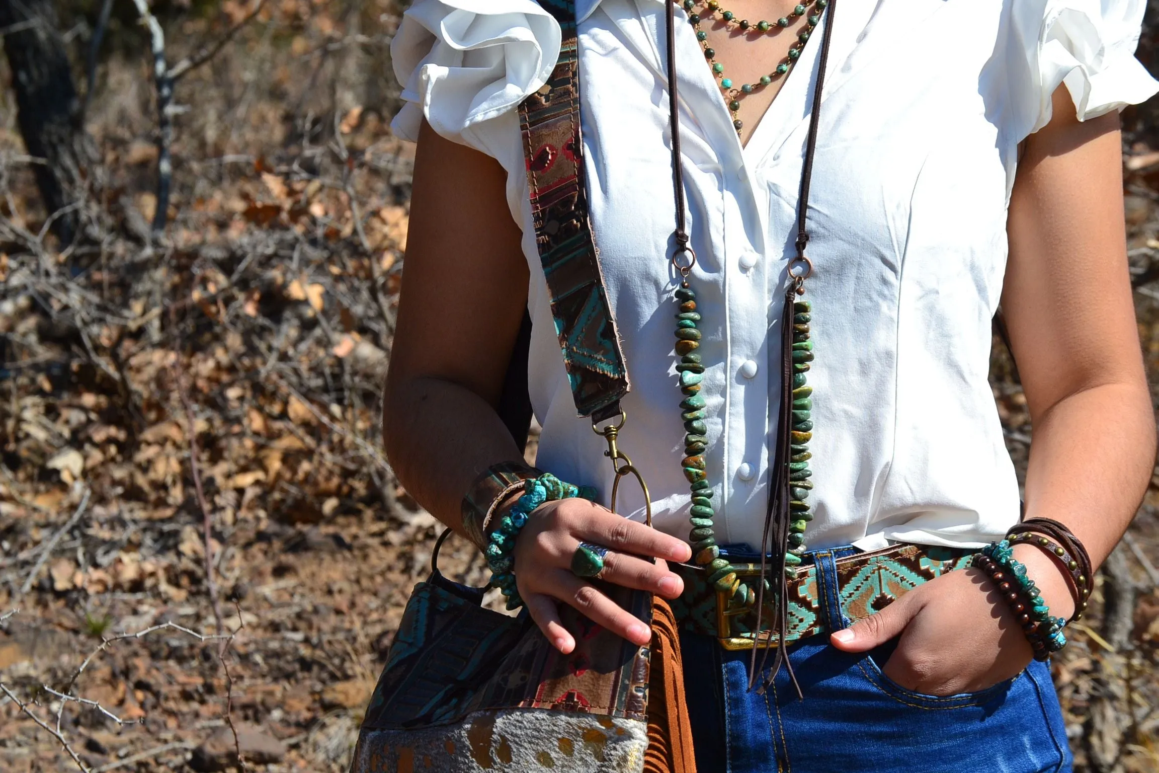 Natural Turquoise Necklace with Side-Tie Leather Tassel 245c