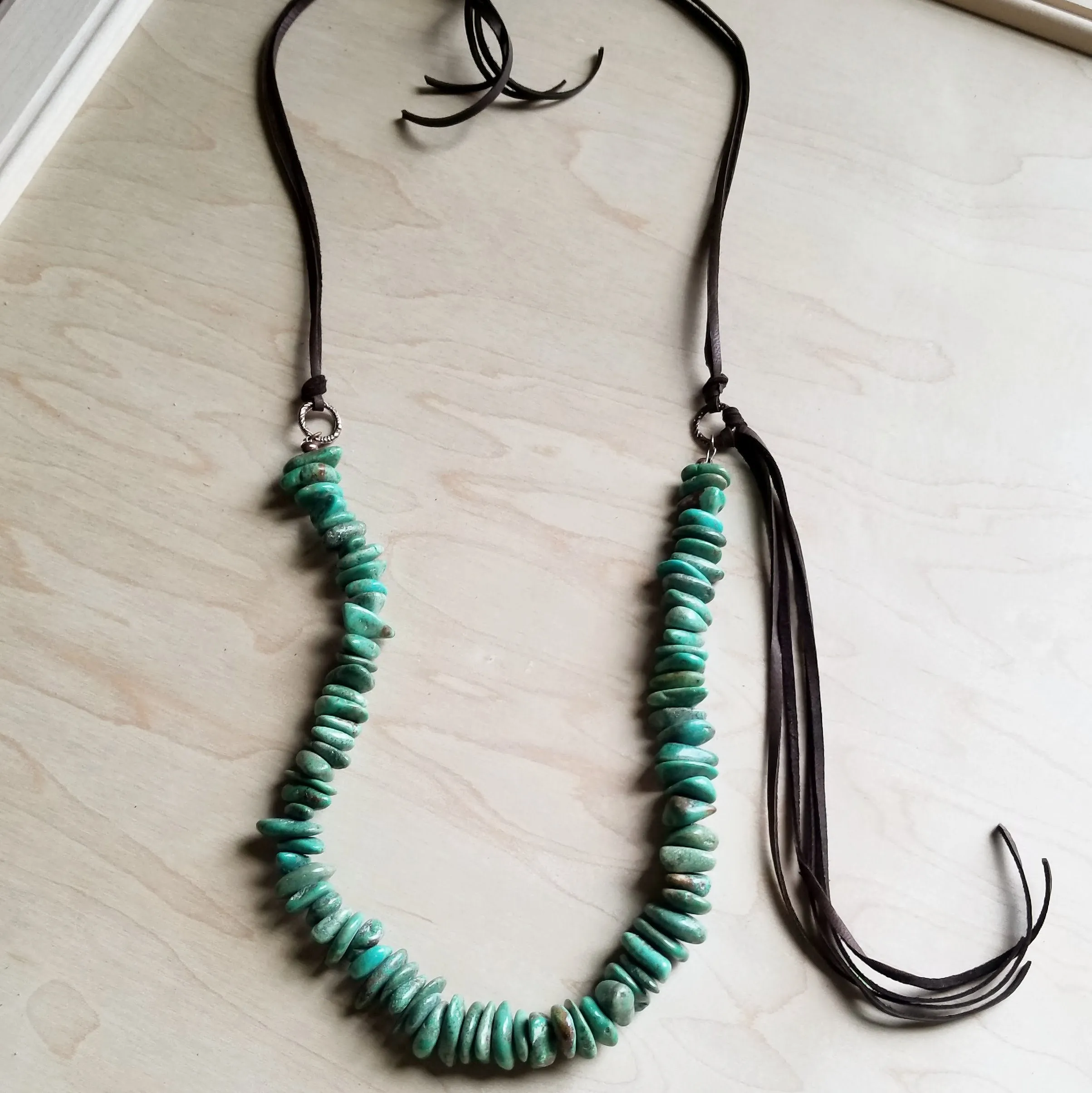 Natural Turquoise Necklace with Side-Tie Leather Tassel 245c
