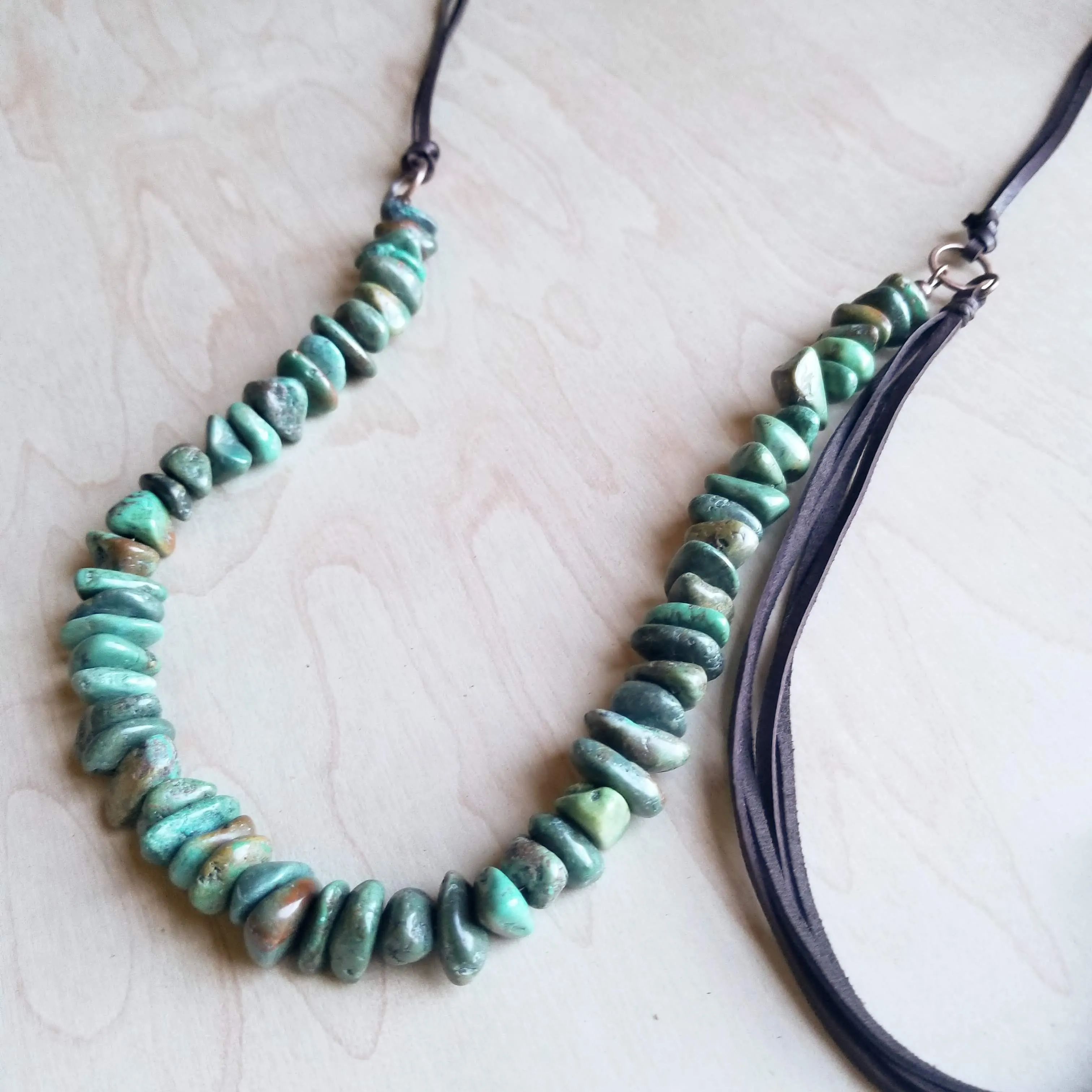Natural Turquoise Necklace with Side-Tie Leather Tassel 245c