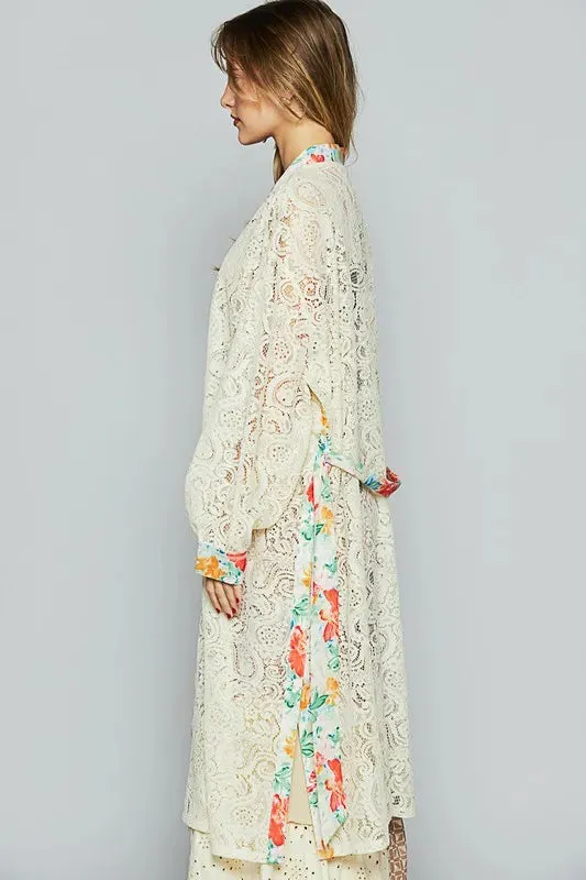 ONLINE EXCLUSIVE POL Floral Trim Lace Open Front Longline Cardigan
