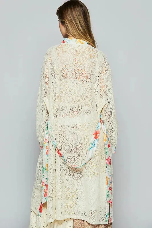 ONLINE EXCLUSIVE POL Floral Trim Lace Open Front Longline Cardigan