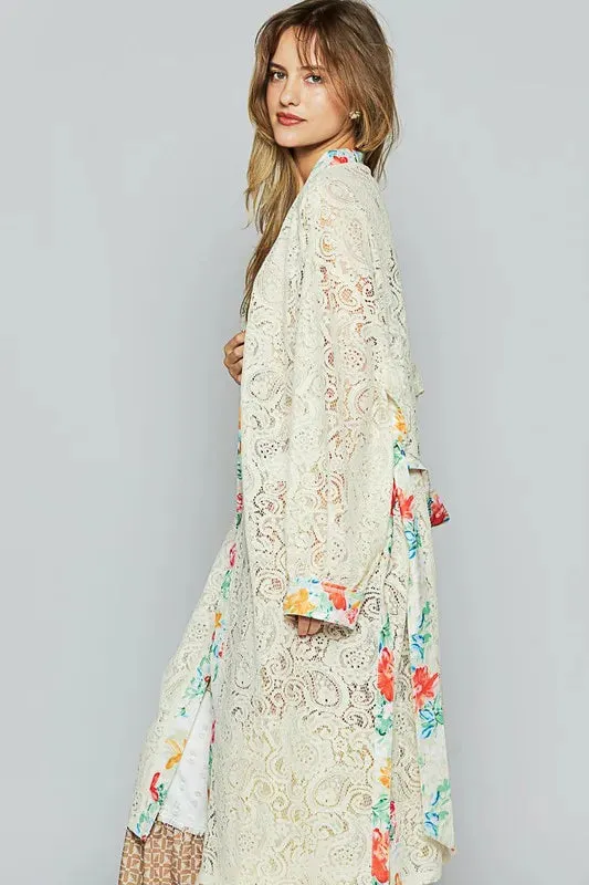 ONLINE EXCLUSIVE POL Floral Trim Lace Open Front Longline Cardigan