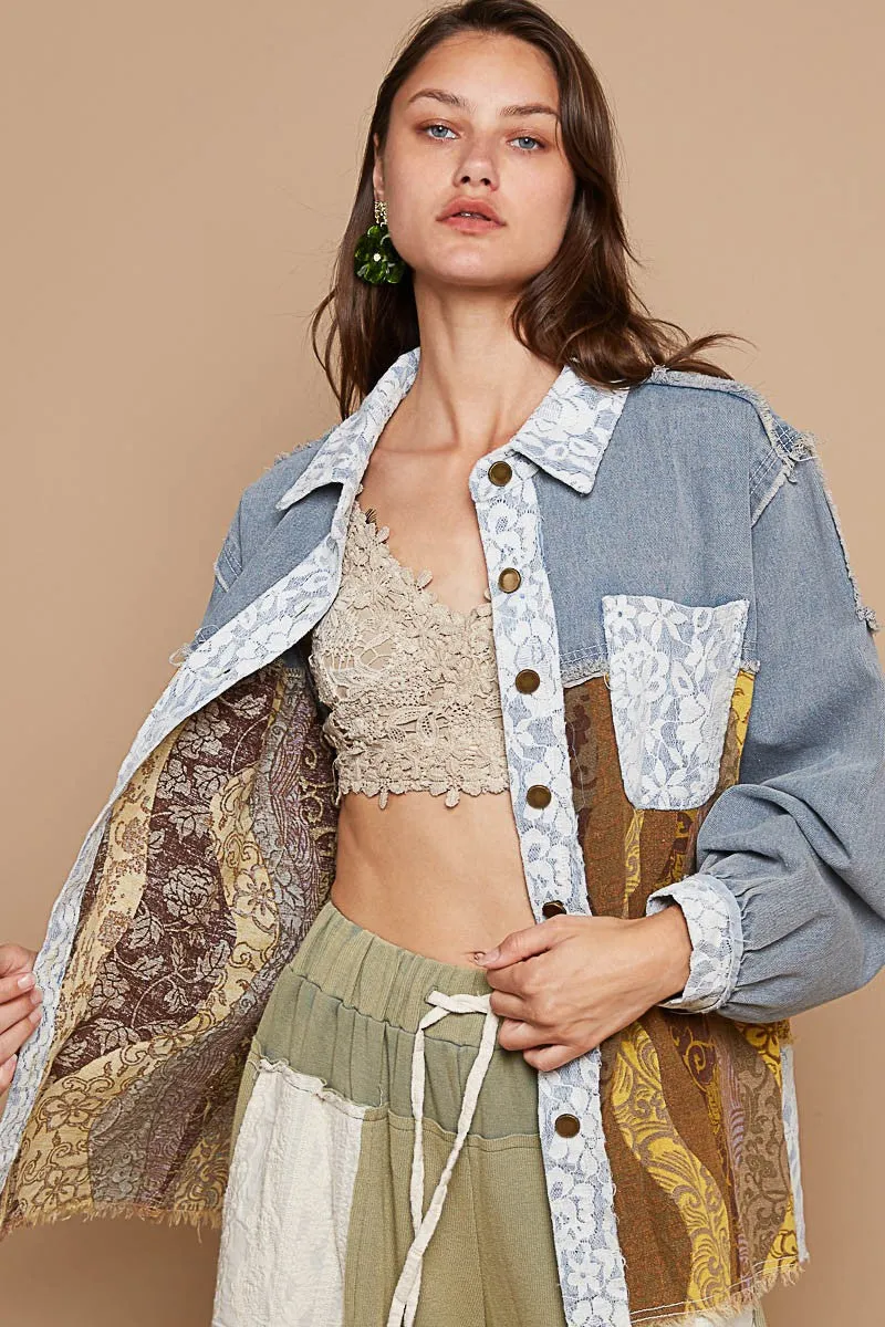 Raw Hem Twill Contrast Button Up Shacket