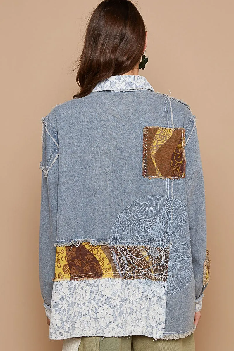 Raw Hem Twill Contrast Button Up Shacket
